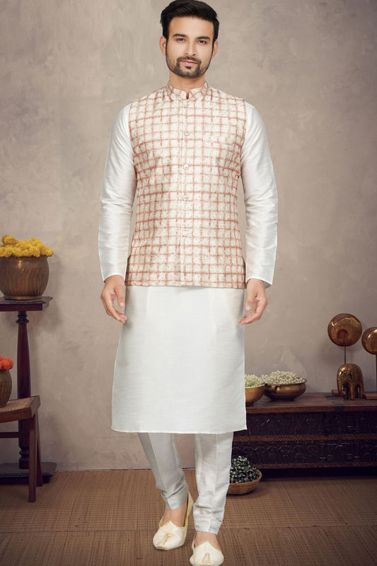 Cream with Rust Art Silk Mens Nehru Jacket (NMK-6976) - Nihal Fashions