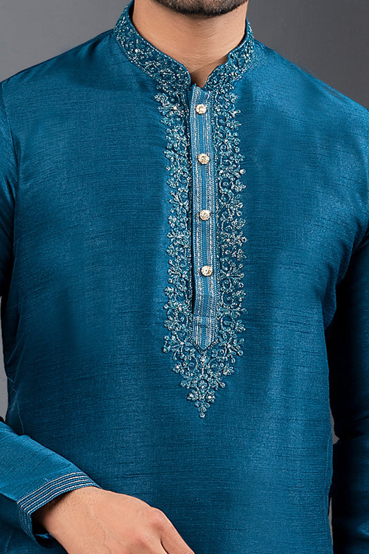 Dark Blue Banglori Silk Kurta Pajama (NMK-8728) - Nihal Fashions