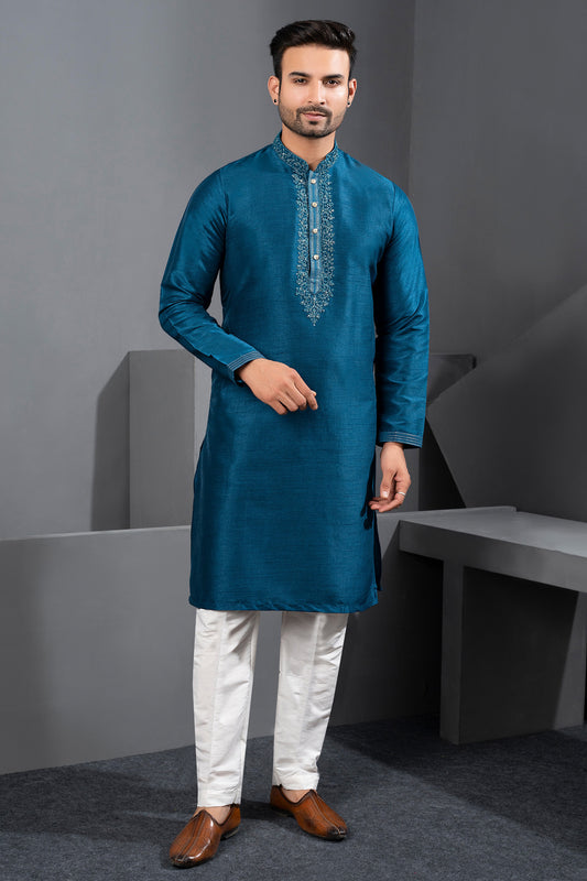 Dark Blue Banglori Silk Kurta Pajama (NMK-8728) - Nihal Fashions