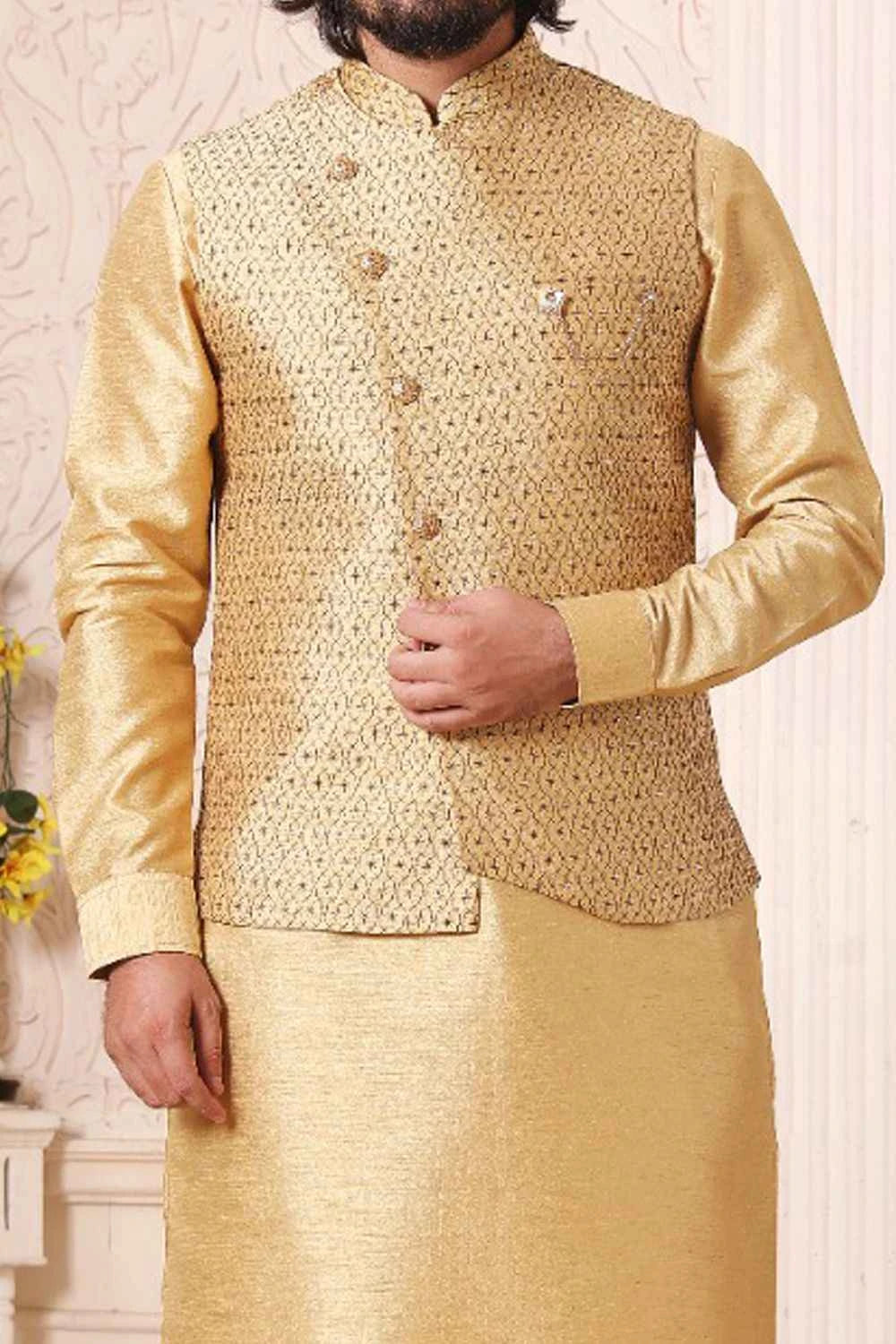 Dark Gold Art Banarasi Silk Nehru Jacket (NMK-5608)