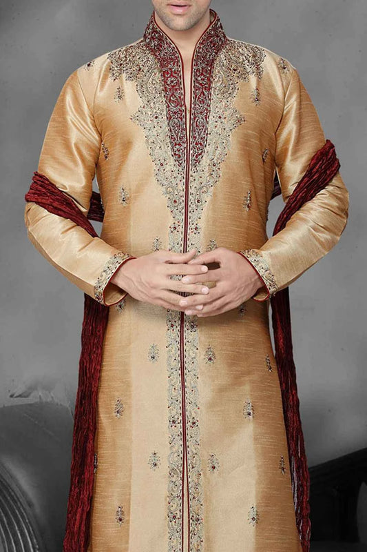 Dark Gold Art Dupion Designer Kurta Pajama (NMK-2180)