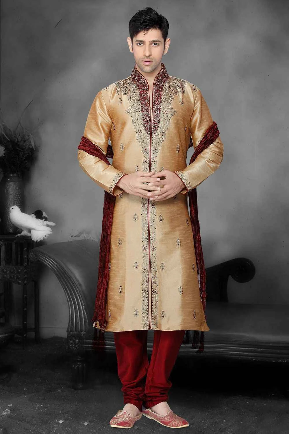 Dark Gold Art Dupion Designer Kurta Pajama (NMK-2180)