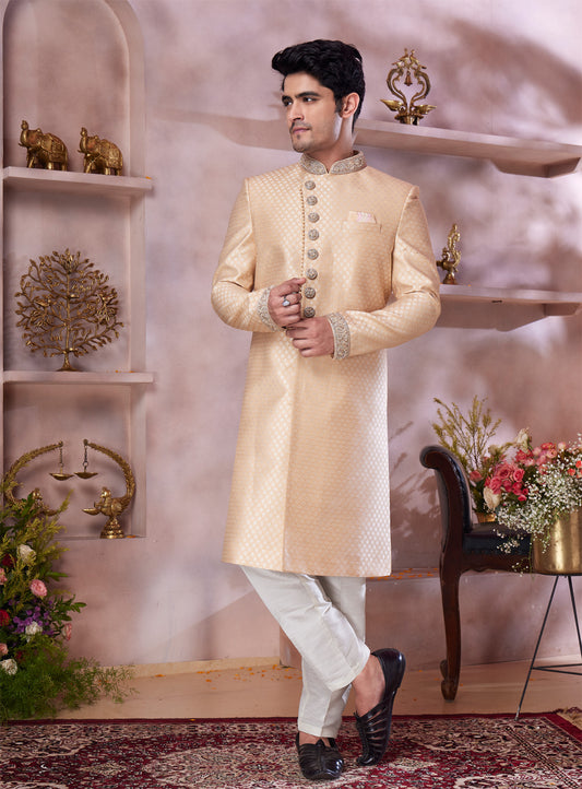 Dark Gold Jaquard Banarasi Silk Sherwani (NMK-8308) - Nihal Fashions