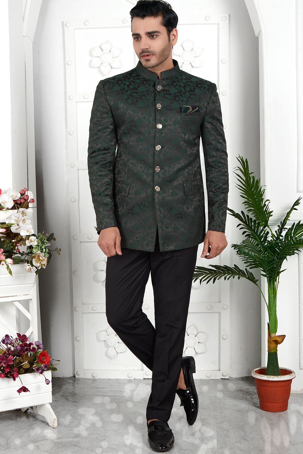Dark Green Imported Jaquard Silk Indo Western (NMK-7219) - Nihal Fashions