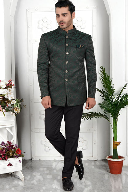 Dark Green Imported Jaquard Silk Indo Western (NMK-7219) - Nihal Fashions