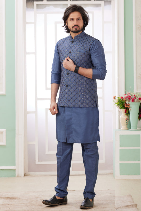 Dark Grey Art Banarasi Silk Jacket Style Kurta (NMK-8566) - Nihal Fashions