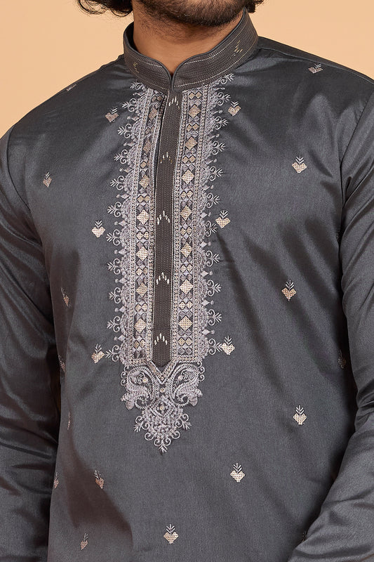 Dark Grey Art Banarasi Silk Kurta Pajama (NMK-8708) - Nihal Fashions