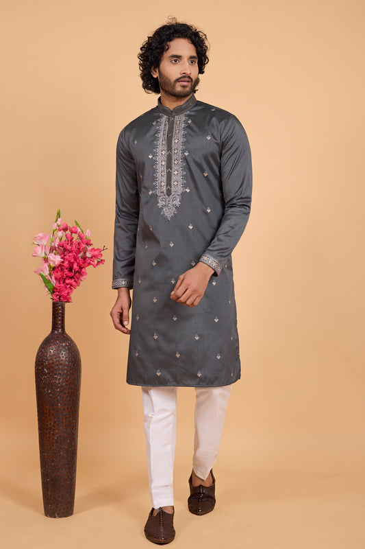 Dark Grey Art Banarasi Silk Kurta Pajama (NMK-8708) - Nihal Fashions