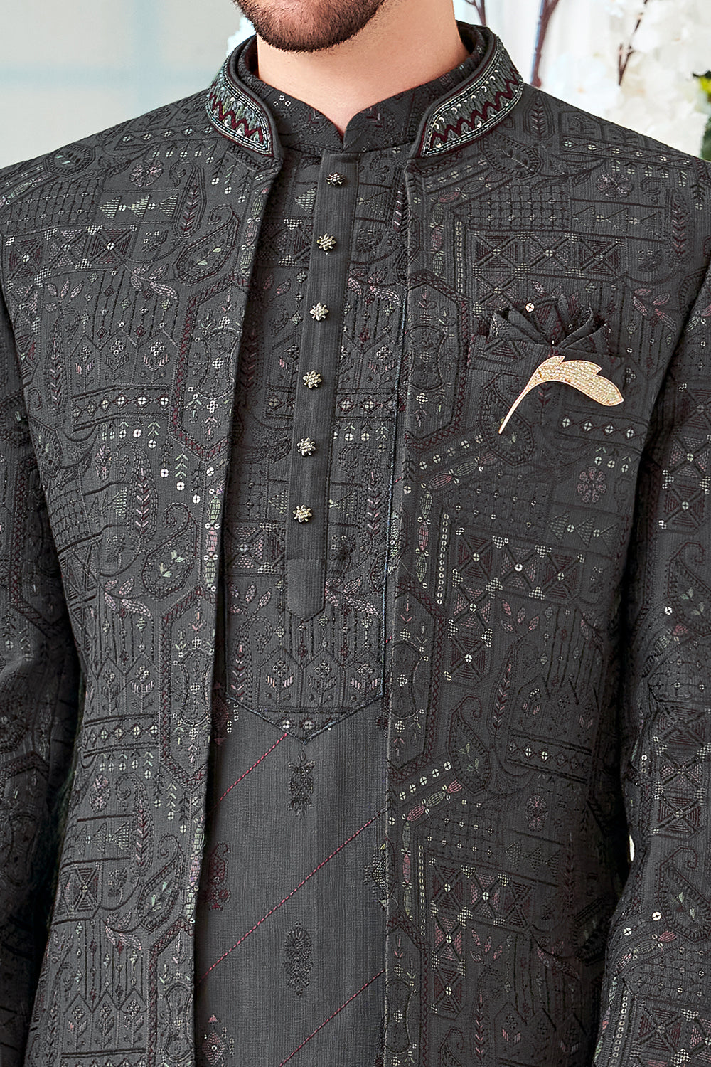 Dark Grey Art Embroidered Silk Indo Western (NMK-8538) - Nihal Fashions