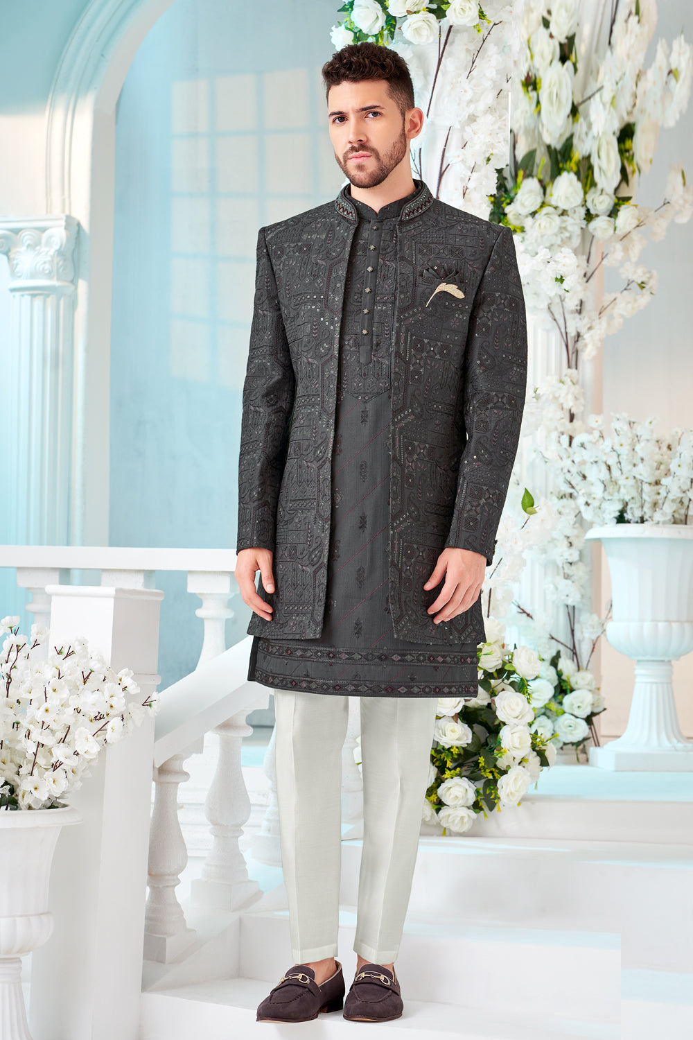 Dark Grey Art Embroidered Silk Indo Western (NMK-8538) - Nihal Fashions