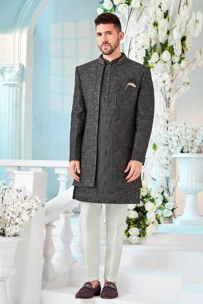 Dark Grey Art Embroidered Silk Indo Western (NMK-8538) - Nihal Fashions