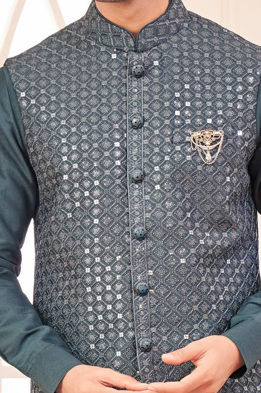 Dark Grey Art Silk Mens Nehru Jacket (NMK-8046) - Nihal Fashions