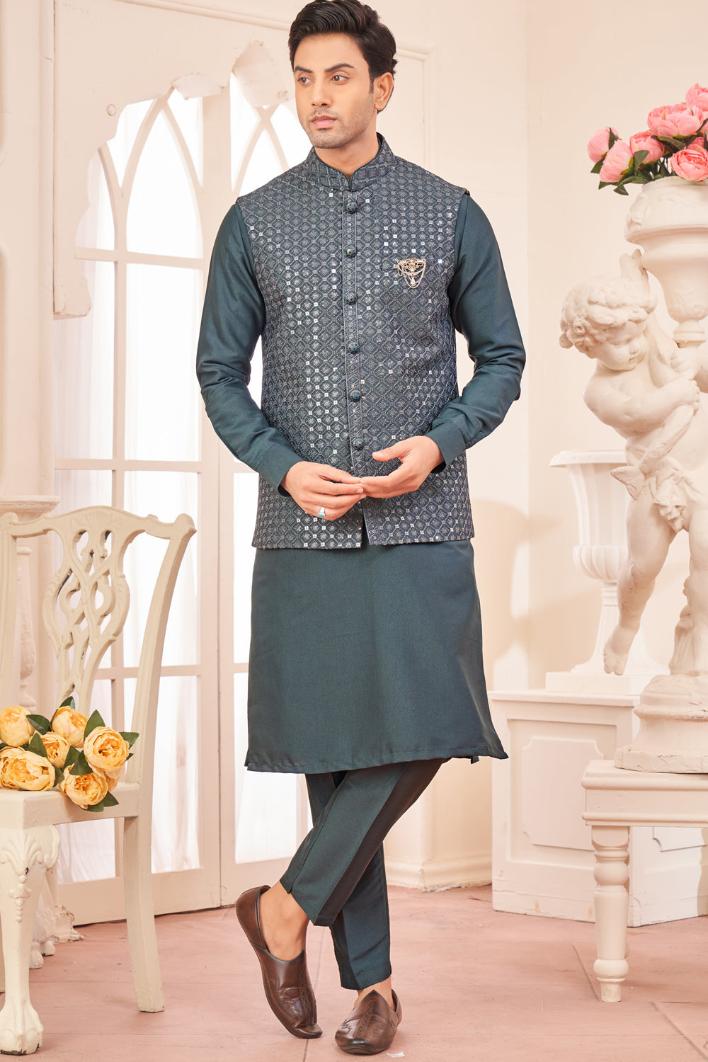 Dark Grey Art Silk Mens Nehru Jacket (NMK-8046) - Nihal Fashions