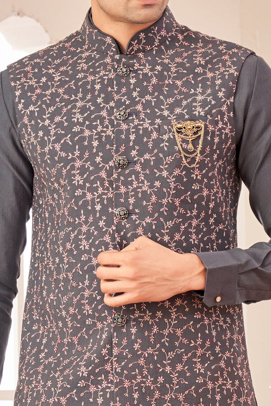 Dark Grey Art Silk Nehru Jacket (NMK-7994) - Nihal Fashions