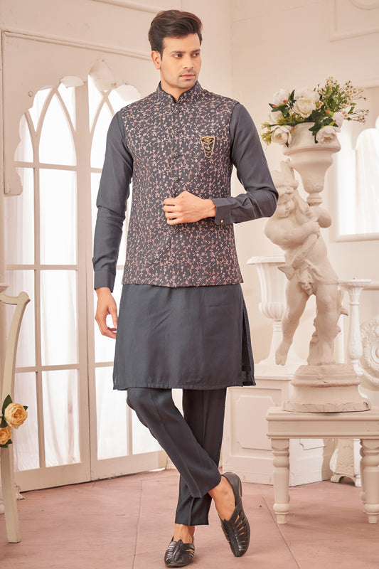 Dark Grey Art Silk Nehru Jacket (NMK-7994) - Nihal Fashions