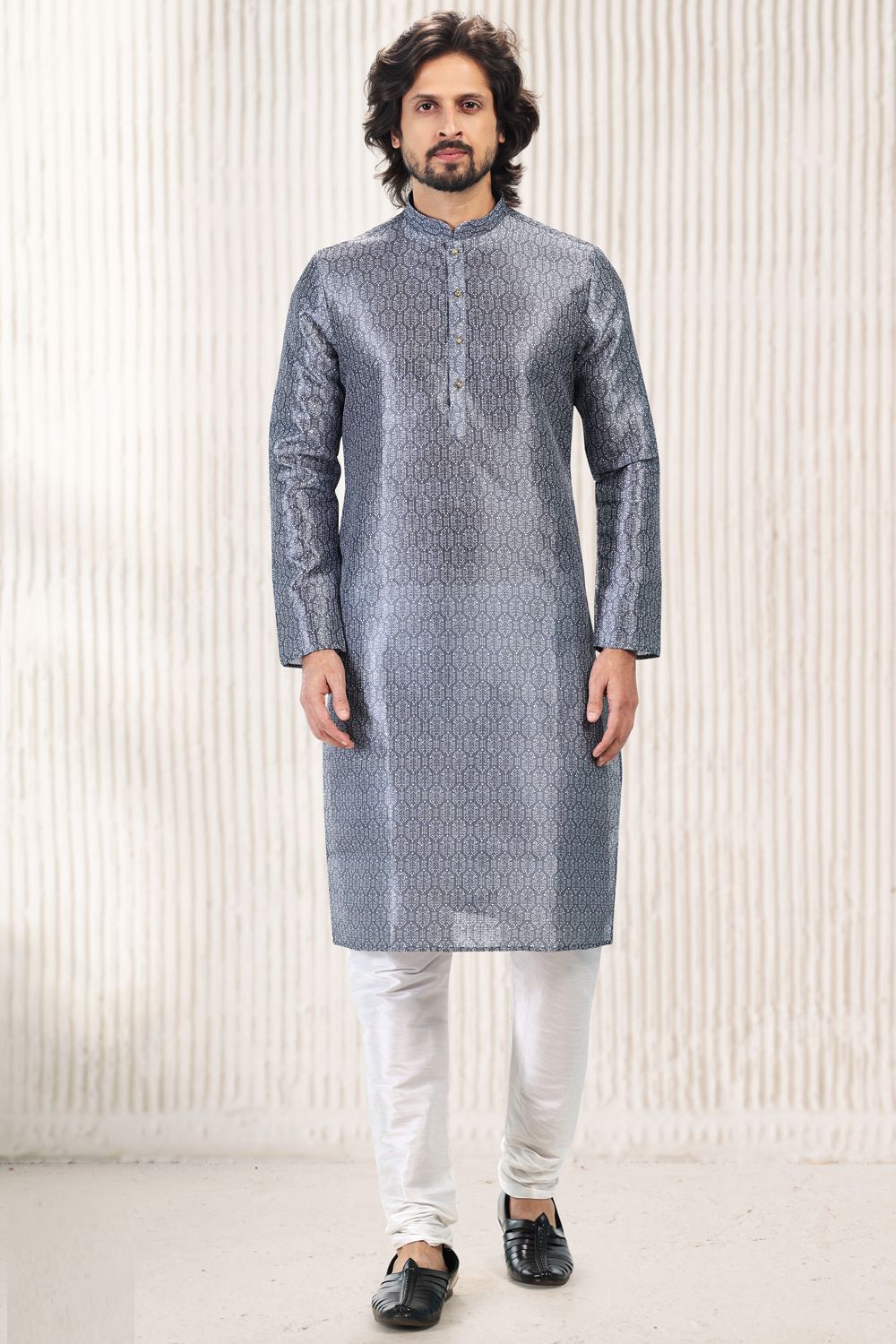 Dark Grey Banarasi Silk Casual Kurta Pajama (NMK-6725) - Nihal Fashions