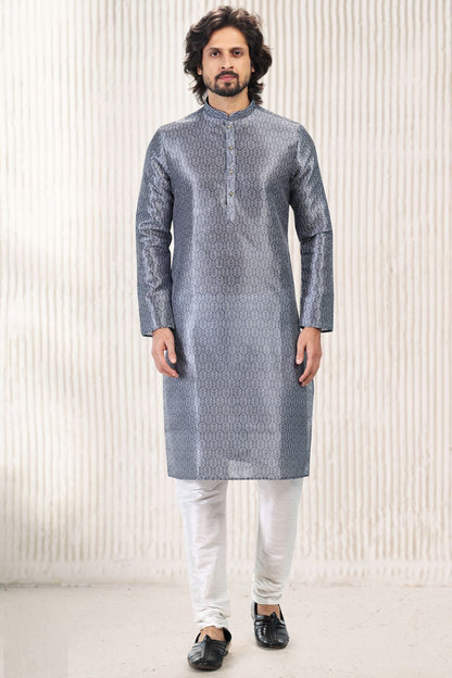 Dark Grey Banarasi Silk Casual Kurta Pajama (NMK-6725) - Nihal Fashions
