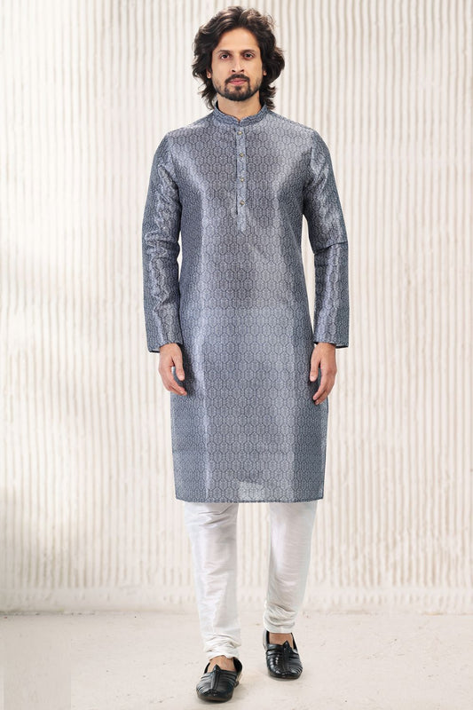 Dark Grey Banarasi Silk Casual Kurta Pajama (NMK-6725) - Nihal Fashions