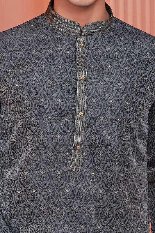 Dark Grey Jaquard Banarasi Silk Kurta Pajama (NMK-8175) - Nihal Fashions