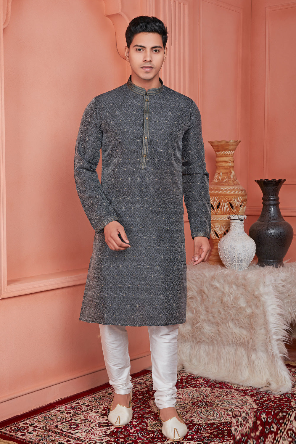 Dark Grey Jaquard Banarasi Silk Kurta Pajama (NMK-8175) - Nihal Fashions