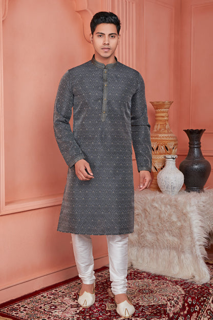 Dark Grey Jaquard Banarasi Silk Kurta Pajama (NMK-8175) - Nihal Fashions