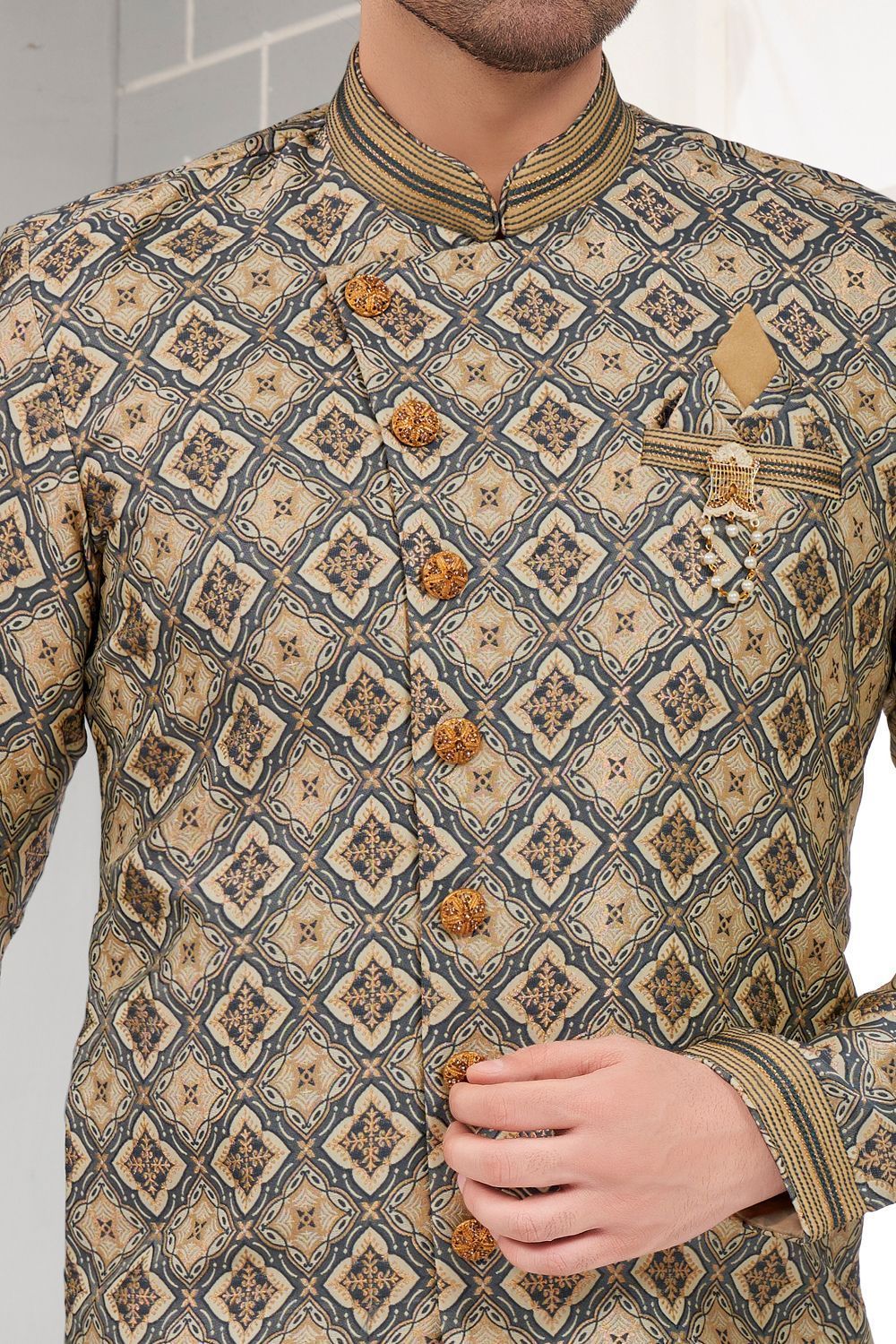Dark Grey Jaquard Indo Western (NMK-7314) - Nihal Fashions