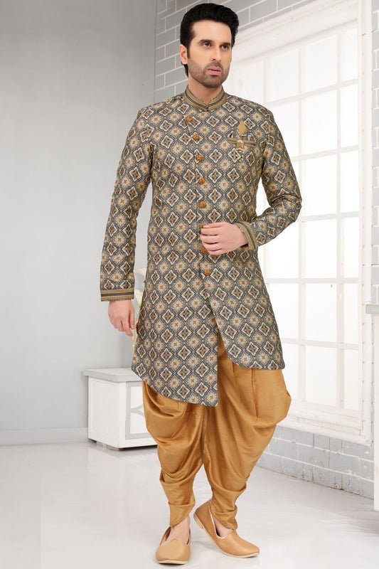 Dark Grey Jaquard Indo Western (NMK-7314) - Nihal Fashions