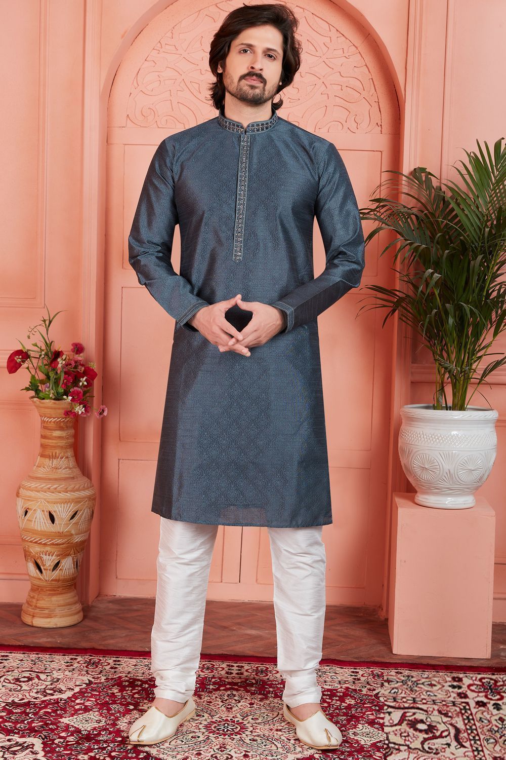 Dark Grey Jaquard Silk Brocade Kurta (NMK-7760) - Nihal Fashions