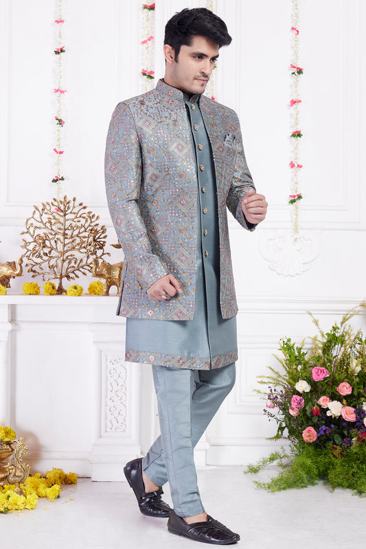 Dark Greyish Blue Art Silk 3 piece Jacket Set (NMK-8399) - Nihal Fashions
