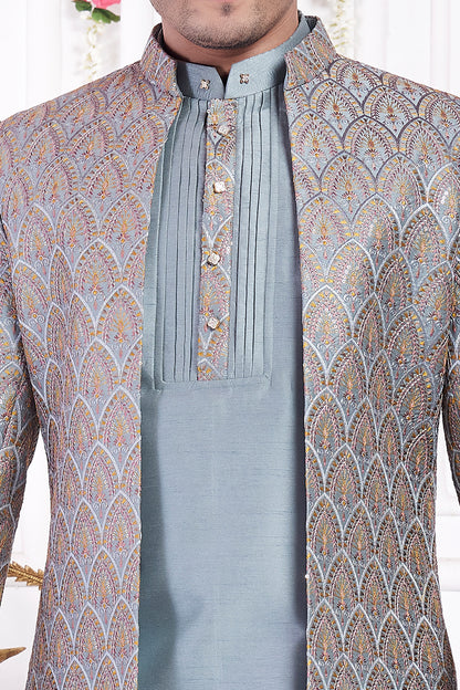 Dark Greyish Blue Art Silk 3 piece Jacket Set (NMK-8403) - Nihal Fashions