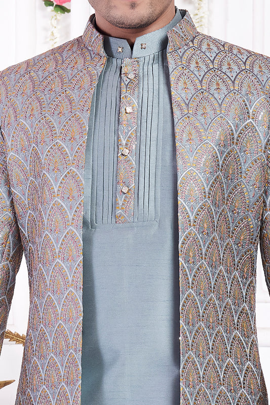 Dark Greyish Blue Art Silk 3 piece Jacket Set (NMK-8403) - Nihal Fashions