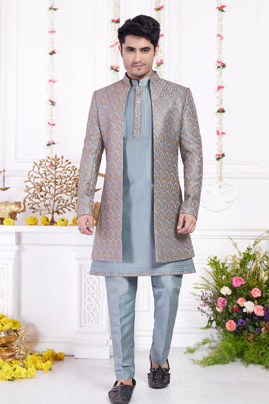 Dark Greyish Blue Art Silk 3 piece Jacket Set (NMK-8403) - Nihal Fashions