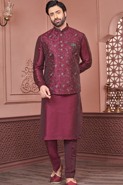 Dark Maroon Art Banarasi Silk Nehru Jacket (NMK-7420) - Nihal Fashions