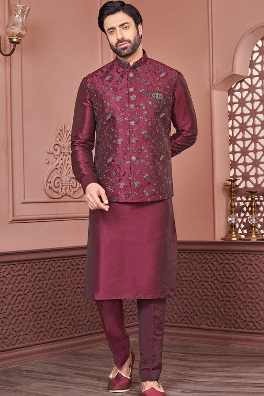 Dark Maroon Art Banarasi Silk Nehru Jacket (NMK-7420) - Nihal Fashions