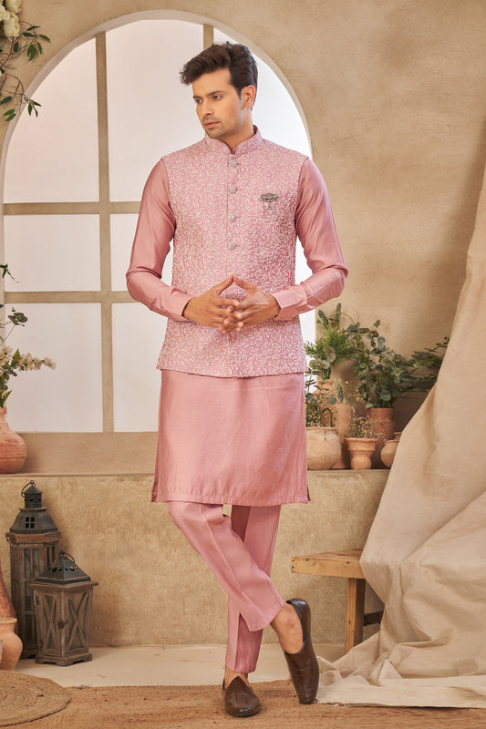 Dark Onion Pink Art Silk Nehru Jacket (NMK-8013) - Nihal Fashions