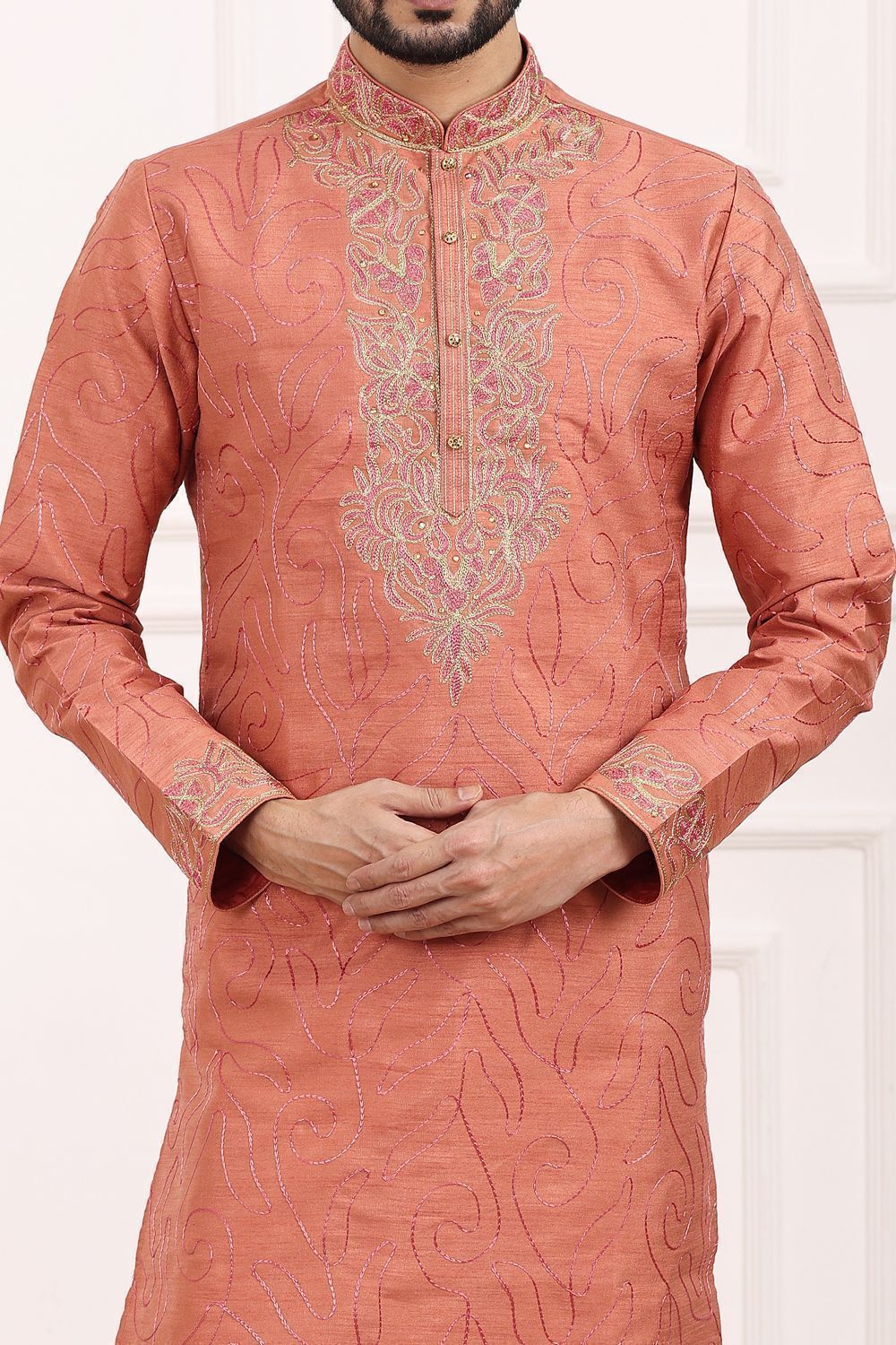 Dark Peach Art Banarasi Silk Kurta Pajama (NMK-7014) - Nihal Fashions