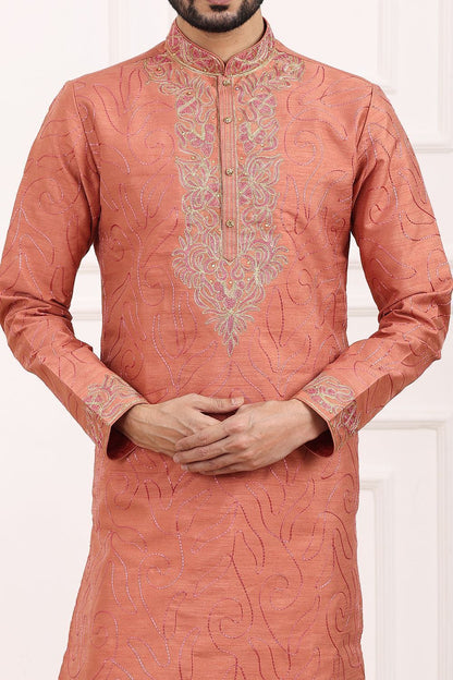 Dark Peach Art Banarasi Silk Kurta Pajama (NMK-7014) - Nihal Fashions