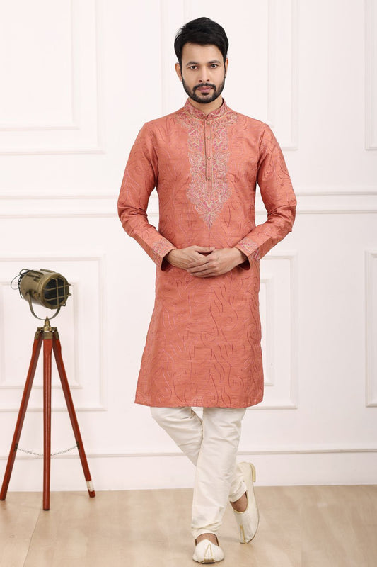 Dark Peach Art Banarasi Silk Kurta Pajama (NMK-7014) - Nihal Fashions