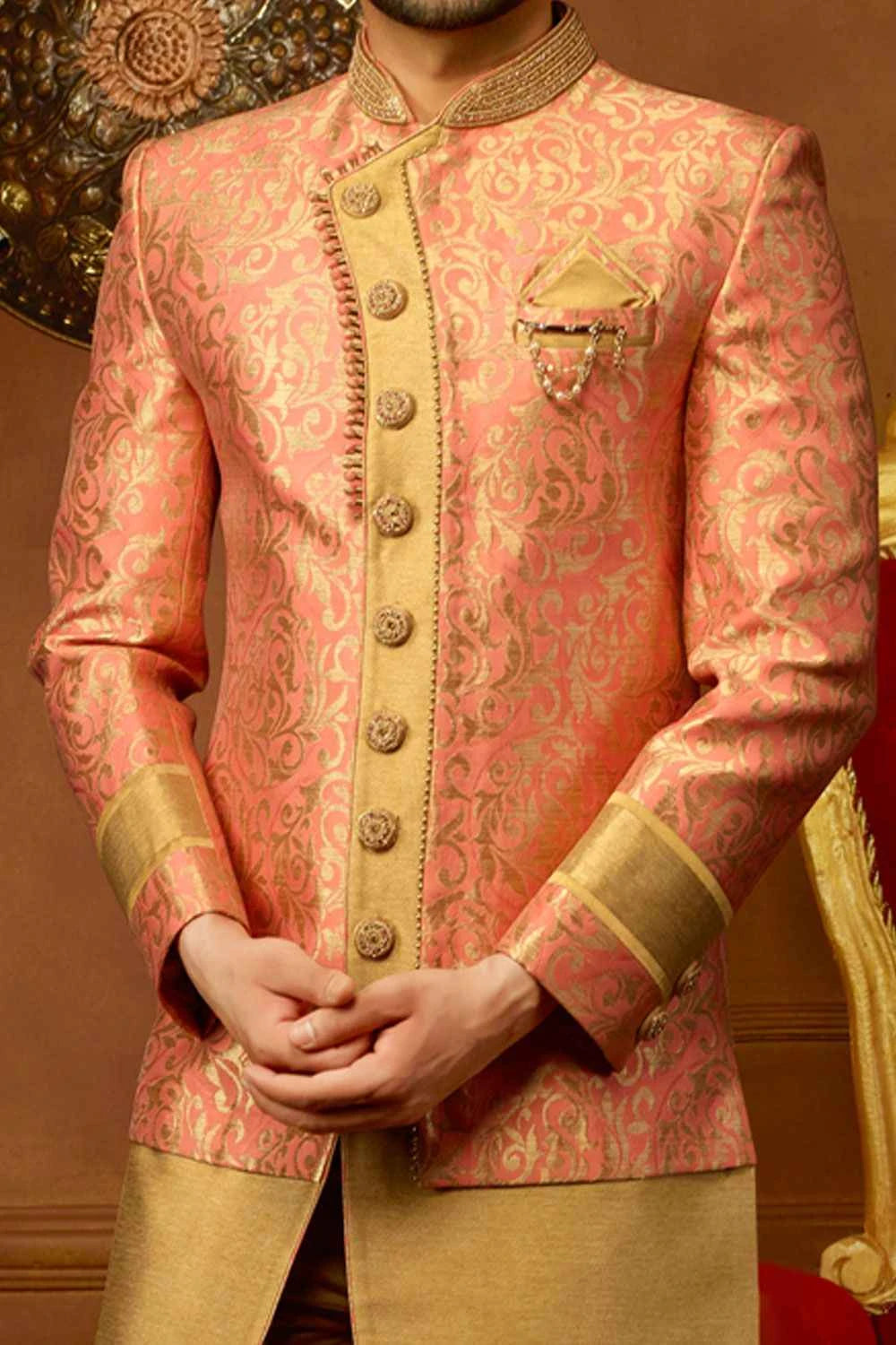 Dark Peach Jaquard Silk Brocade Indo Western (NMK-3935)