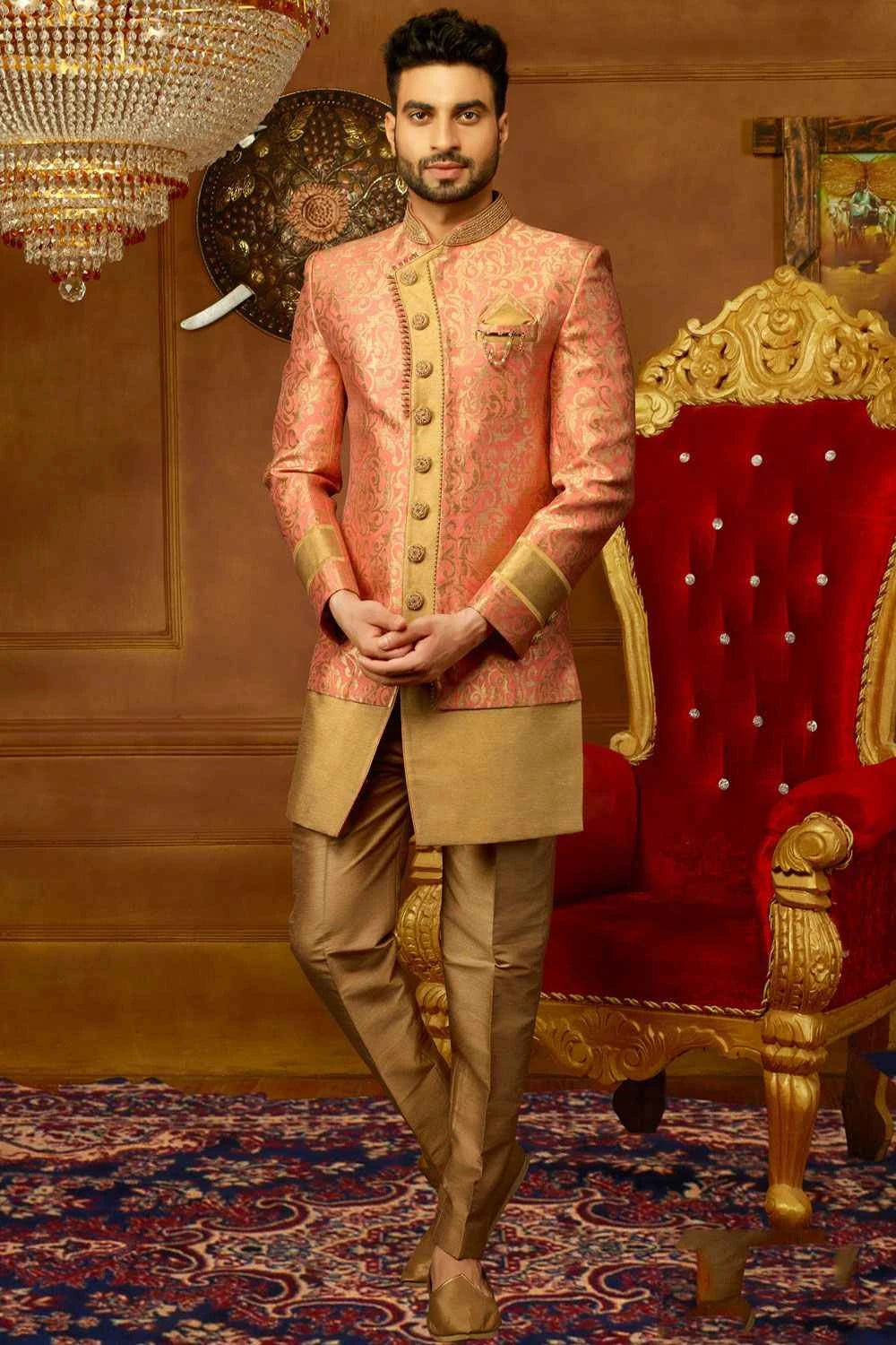Dark Peach Jaquard Silk Brocade Indo Western (NMK-3935)