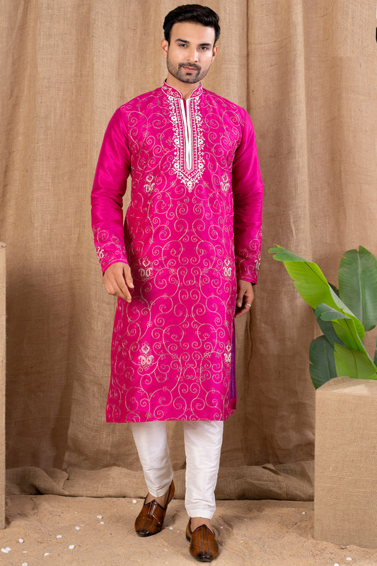 Dark Pink Art Silk Kurta Pajama (NMK-8517) - Nihal Fashions