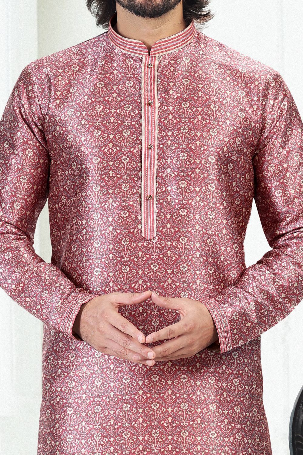 Dark Pink Banarasi Silk Mens Kurta Pajama (NMK-6693) - Nihal Fashions