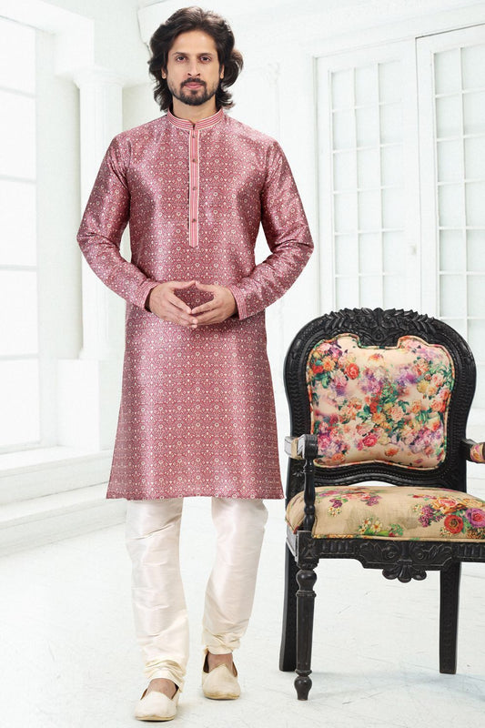 Dark Pink Banarasi Silk Mens Kurta Pajama (NMK-6693) - Nihal Fashions