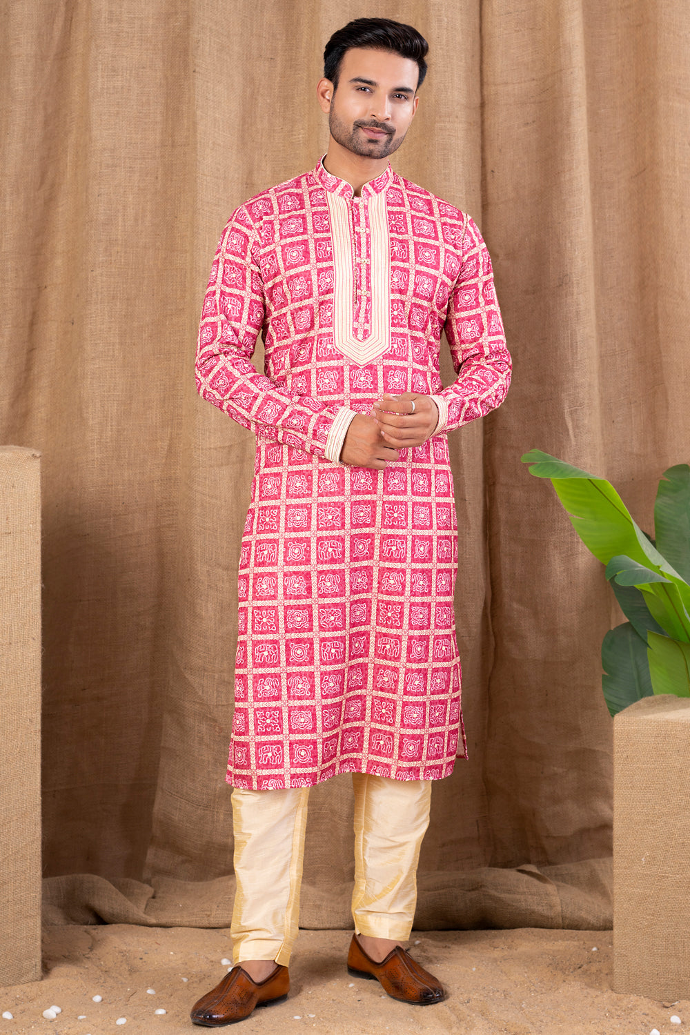 Dark Pink Cotton Kurta Pajama (NMK-8526) - Nihal Fashions