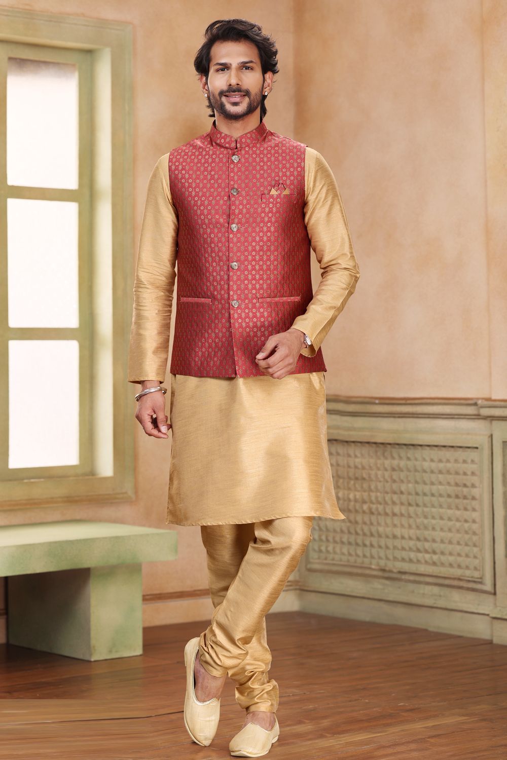 Dark Pink Jaquard Banarasi Silk Nehru Jacket (NMK-7461) - Nihal Fashions