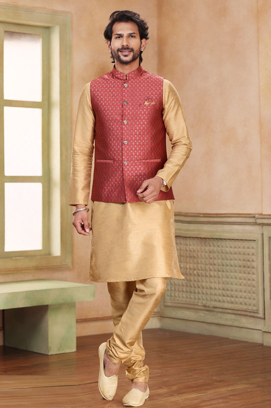 Dark Pink Jaquard Banarasi Silk Nehru Jacket (NMK-7461) - Nihal Fashions