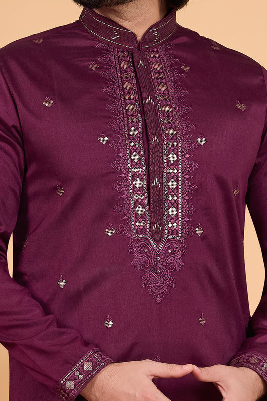 Dark Purple Art Banarasi Silk Kurta Pajama (NMK-8709) - Nihal Fashions