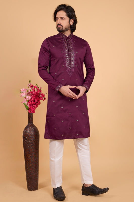 Dark Purple Art Banarasi Silk Kurta Pajama (NMK-8709) - Nihal Fashions