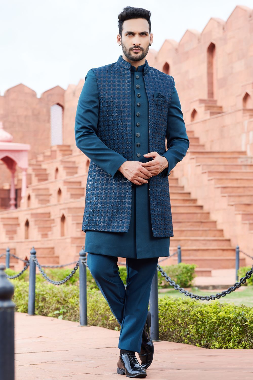 Dark Teal Green Art Silk Indo Western (NMK-7111) - Nihal Fashions