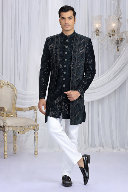 Dark Teal Green Velvet 3 piece Indo Western (NMK-8654) - Nihal Fashions